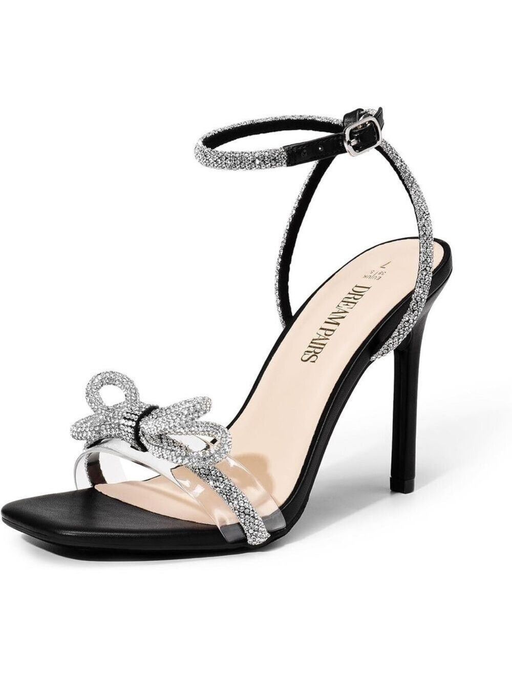 Dream Pairs Crystal Double Bowknots Clear Strappy Stiletto Square Toe Sandals